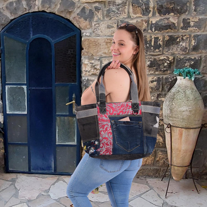 Sunsa Damen Handtasche. Grosse Nachhaltige Schultertasche aus Recycelte Jeans Canvas &amp; Leder. A4 gee