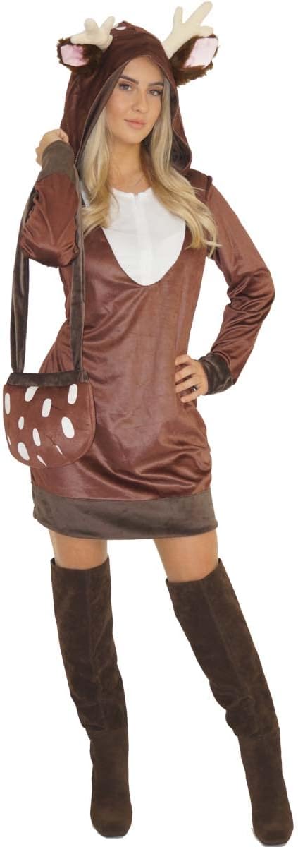 MAYLYNN Damen Reh Rentier Kostüm, 2-teilig: Kleid und Handtasche, Winter Weihnachtskostüm XS, XS