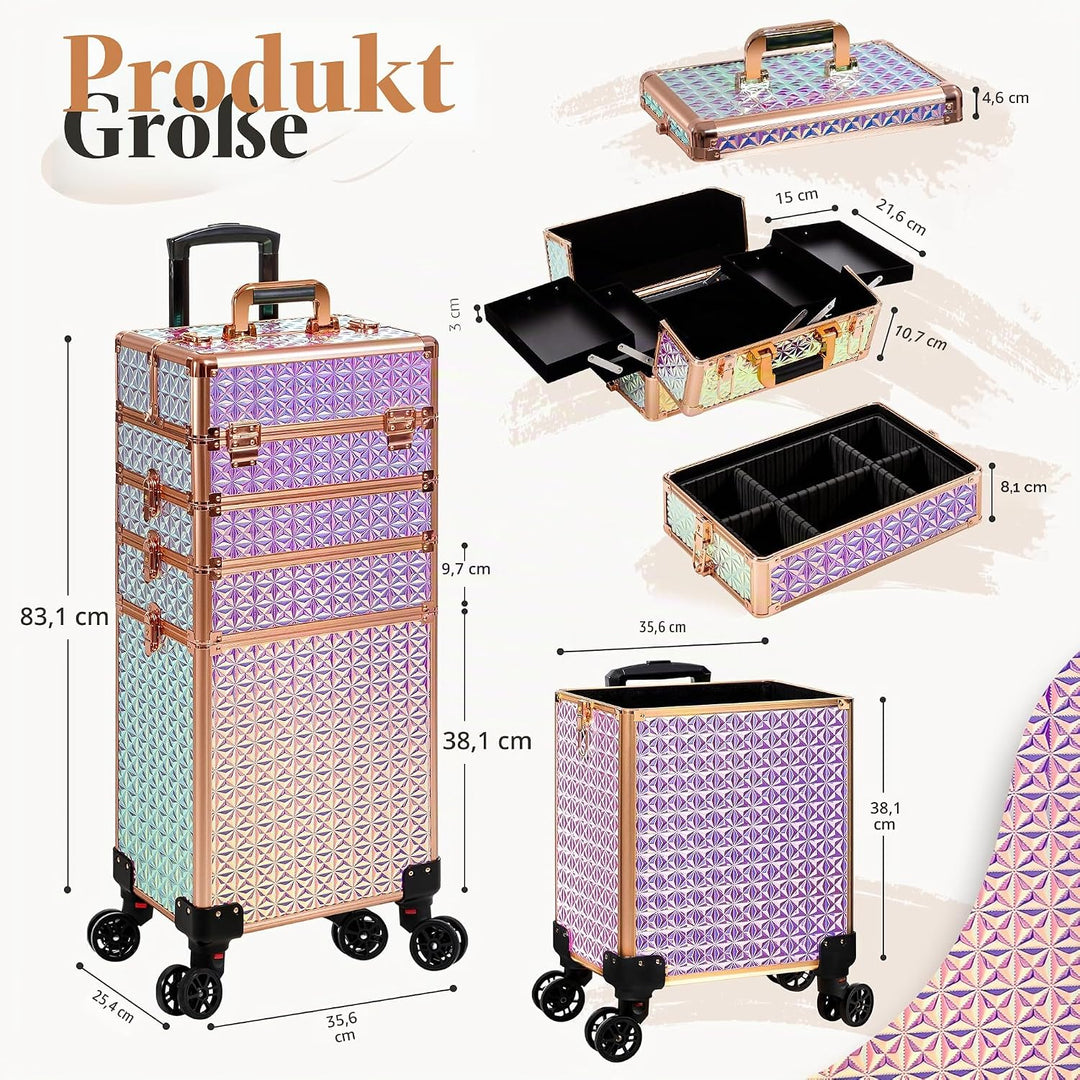Arous 5-in-1 Profi-Kosmetikkoffer, Aluminium, mit 360° drehbaren Rädern Bunt, Bunt