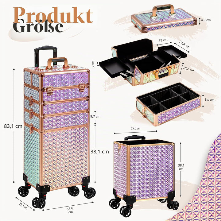 Arous 5-in-1 Profi-Kosmetikkoffer, Aluminium, mit 360° drehbaren Rädern Bunt, Bunt