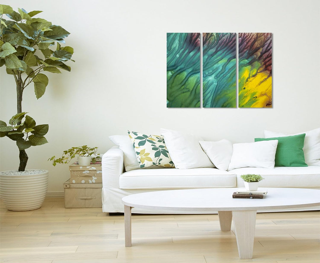 Wandbild 3x90x40cm (Gesamt 130x90cm) Leuchtendes Aquarell mit Struktur auf Leinwand für Wohnzimmer,