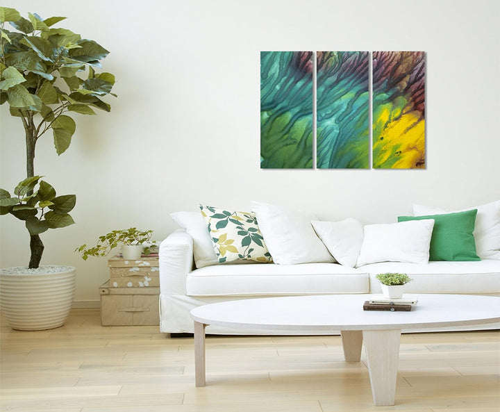 Wandbild 3x90x40cm (Gesamt 130x90cm) Leuchtendes Aquarell mit Struktur auf Leinwand für Wohnzimmer,