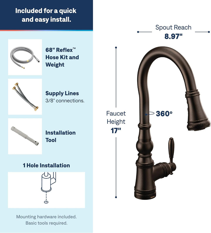 Moen S73004ORB Weymouth Schäferhaken Pulldown Küchenarmatur mit Metallstab mit Power Boost, ölgerieb