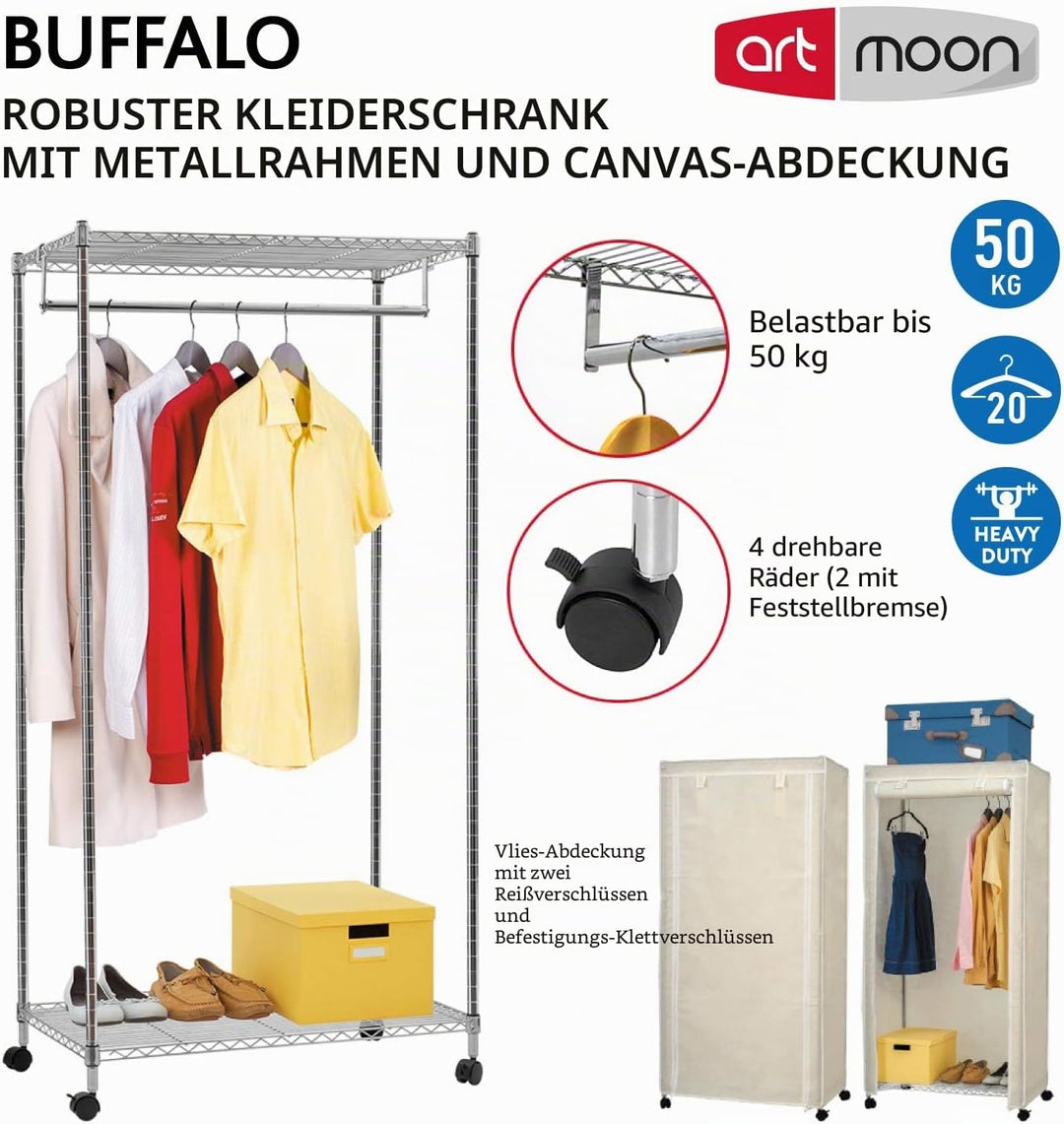 art moon Buffalo Schwerlast Faltschrank Kleiderschrank, Stabil Kleiderschrank auf Rollen mit 2 Ablag