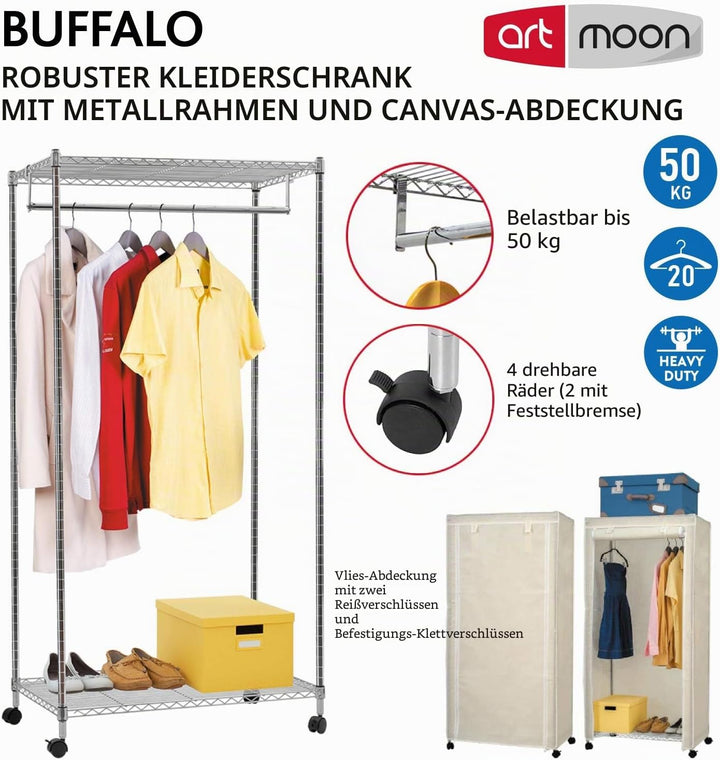 art moon Buffalo Schwerlast Faltschrank Kleiderschrank, Stabil Kleiderschrank auf Rollen mit 2 Ablag