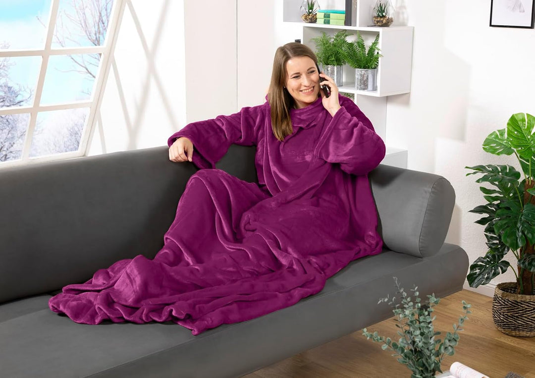 heimtexland ® Ärmeldecke TV Kuscheldecke mit Ärmeln Taschen Fusssack Super Soft Flanell tragbare Dec