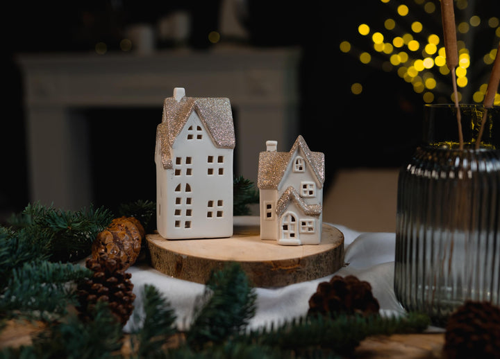 DARO DEKO Keramik LED Haus - Lichthaus Gold Glitzer 2er Set, Gold Glitzer 2er Set