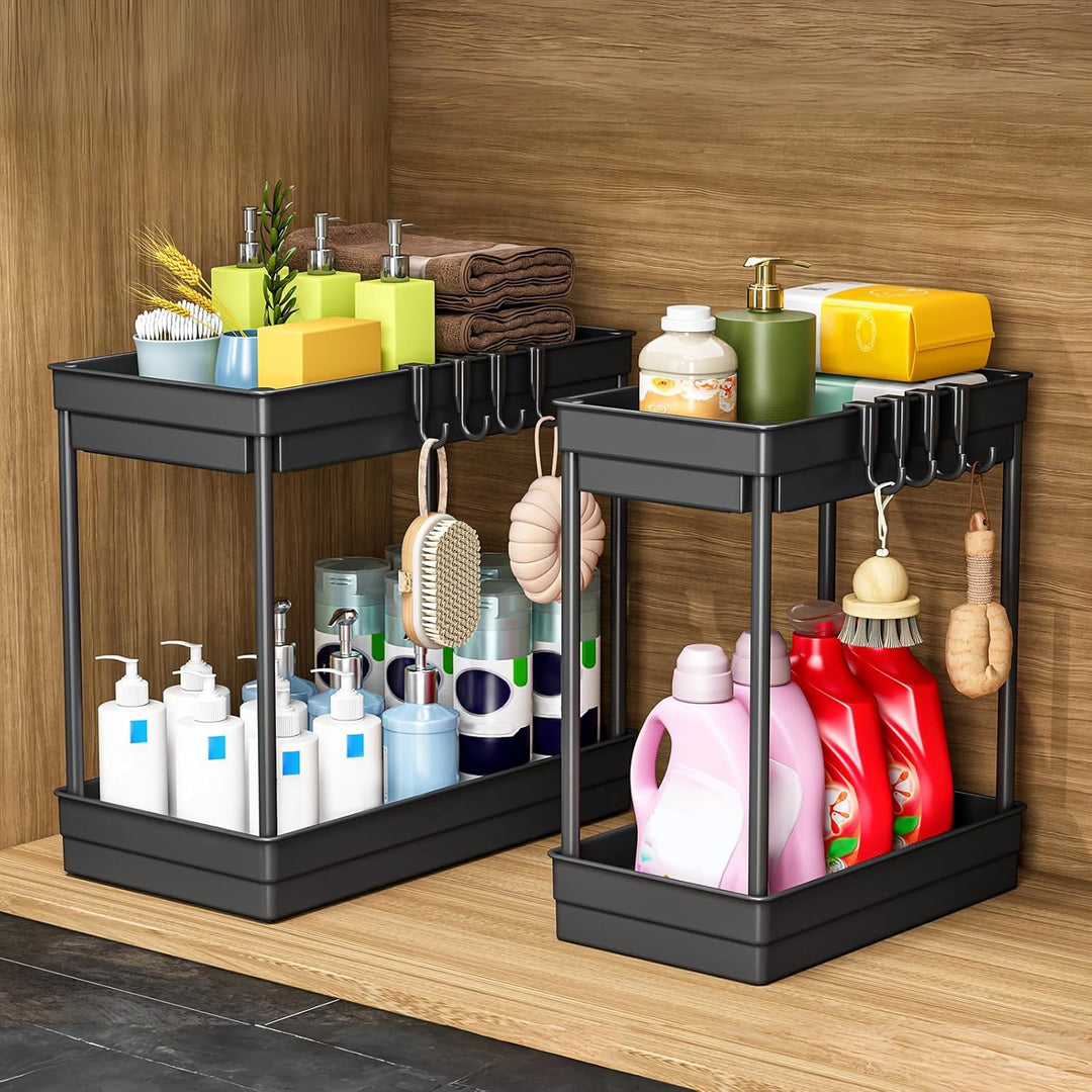 StowBin Küchen Organizer - 2 Pack Unter Waschbecken Regal mit 4 Haken &1 Tassen, Organizer Küche, Ba