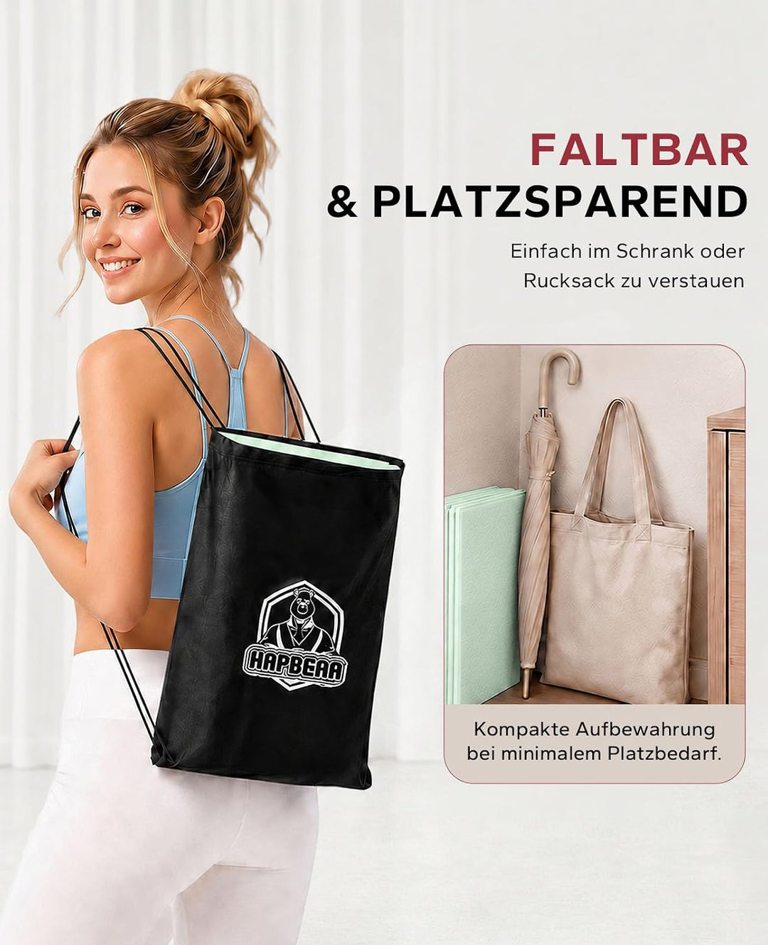 HAPBEAR Reise Yogamatte faltbar 183x61x0,6cm – rutschfeste TPE Yogamatte klappbar mit Tragetasche, l