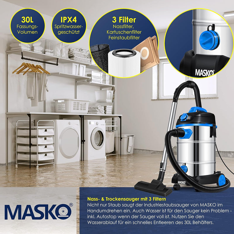 Masko® Industriestaubsauger 1800Watt Mit Steckdose Blasfunktion | Mehrzwecksauger Trocken-Saugen & N