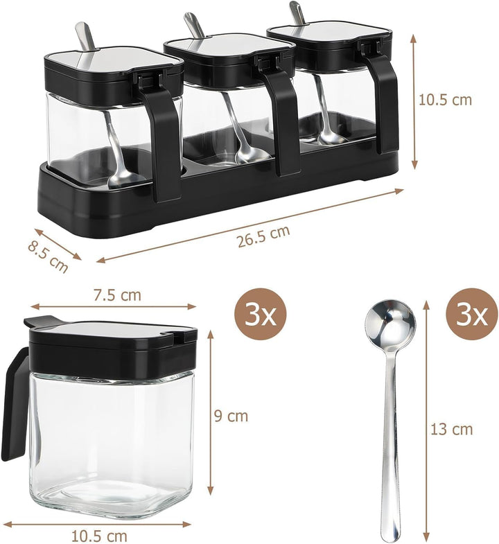 WUWEOT Gewürzbehälter 3er Set aus Glas 250 ml Gewürzgläser Gewürzdosen Gewürzständer Glasgewürzbox Z