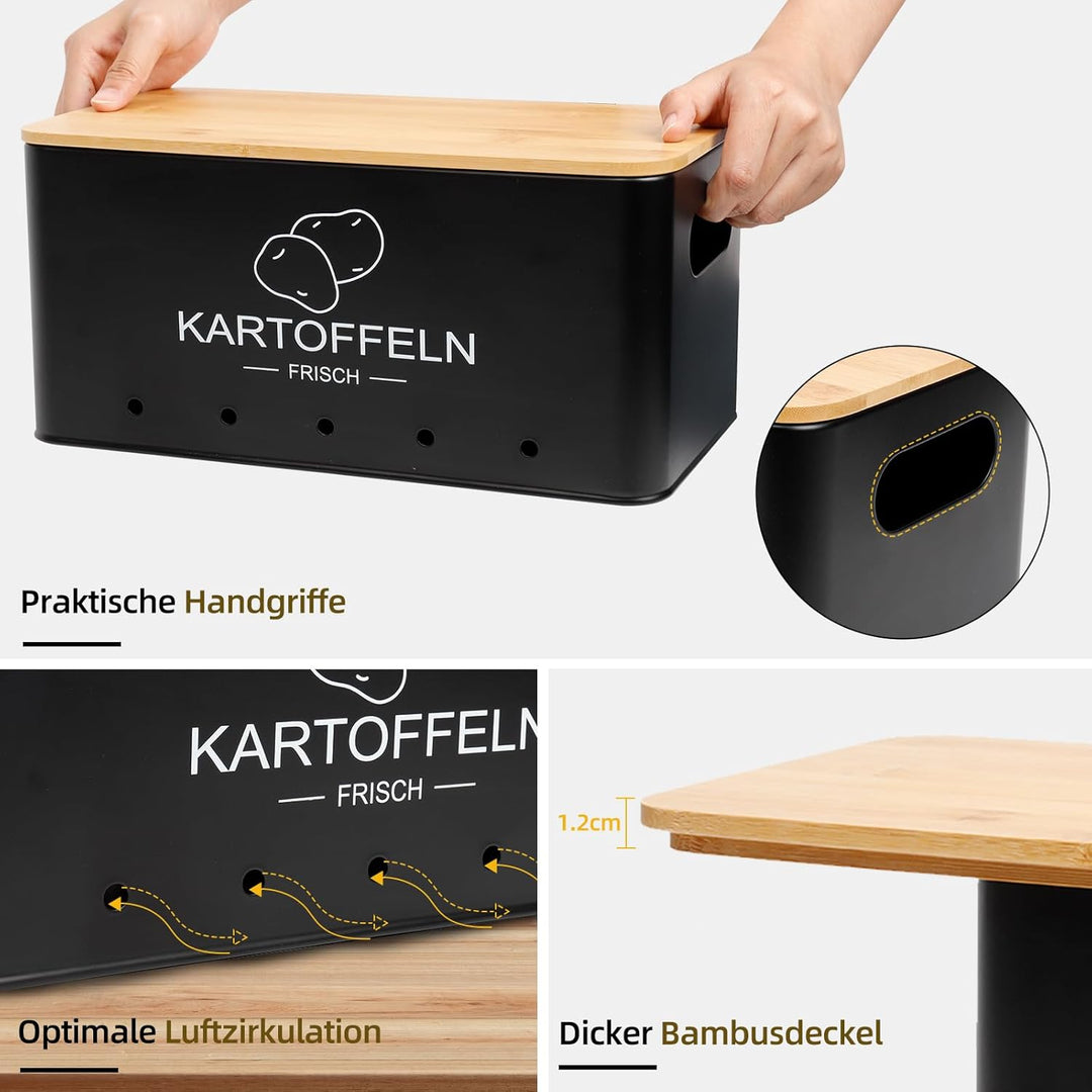 3er Set Kartoffel Aufbewahrungsbox Schwarz - Rechteckiger - Kartoffel Zwiebel Knoblauch Aufbewahrung