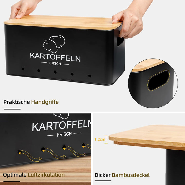 3er Set Kartoffel Aufbewahrungsbox Schwarz - Rechteckiger - Kartoffel Zwiebel Knoblauch Aufbewahrung