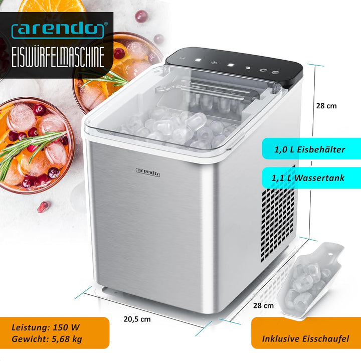 Arendo – Eiswürfelmaschine Edelstahl – Ice Cube Maker – 150 W – 12 kg Eis pro Tag – Automatische Abs