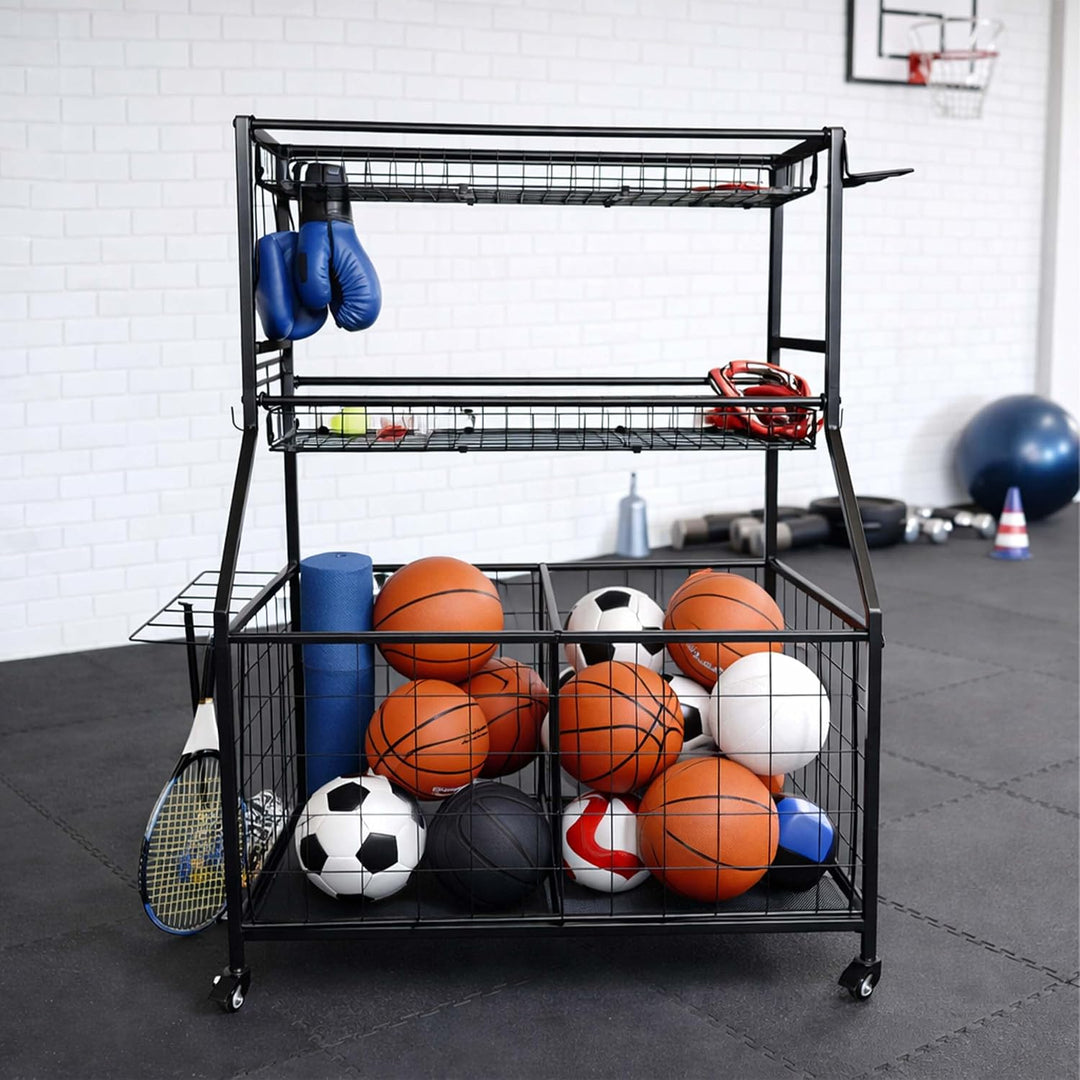 Relaxdays Sportgeräte Aufbewahrung, HBT: 116 x 91,5 x 43 cm, 4 Rollen, mit Bremse, Metall, Ballwagen
