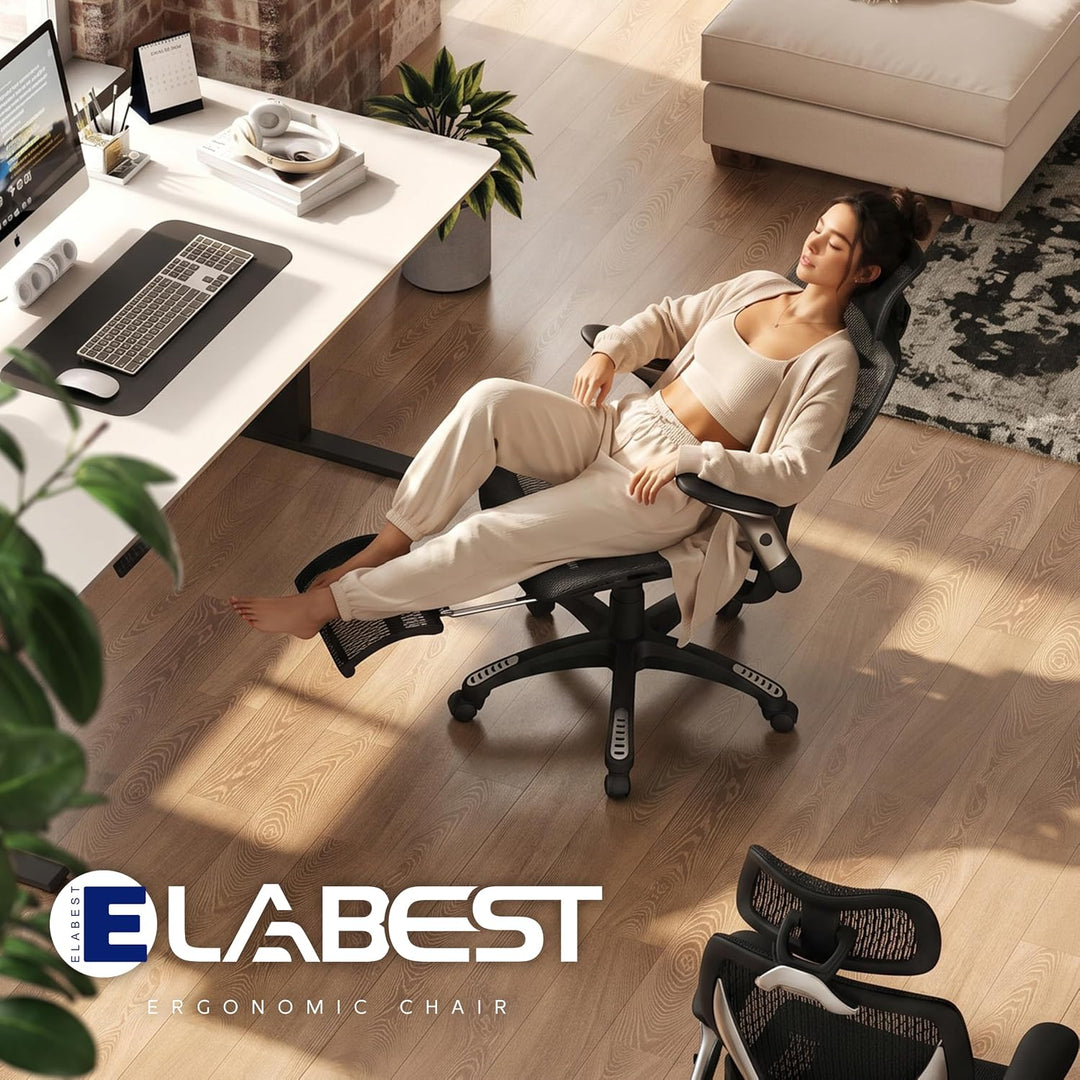 ELABEST X100 Ergonomischer Mesh-Bürostuhl mit Hoher Rückenlehne &amp; Fussstütze | 3D-Lordosenstütze, 12