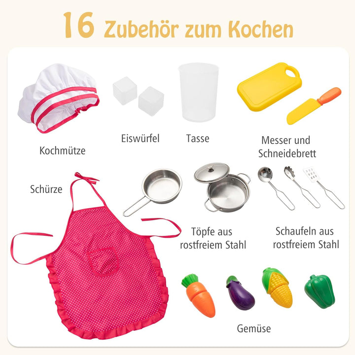 COSTWAY Kinderküche Holz, Spielküche mit Licht und Sound, Holzküche mit Tafel, Mikrowell, Spüle, Ofe