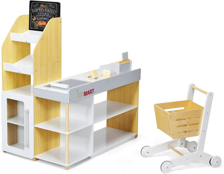 COSTWAY Kaufladen mit Einkaufswagen, Kaufmannsladen mit Tafel, inkl. Registrierkasse, Scanner, Karte