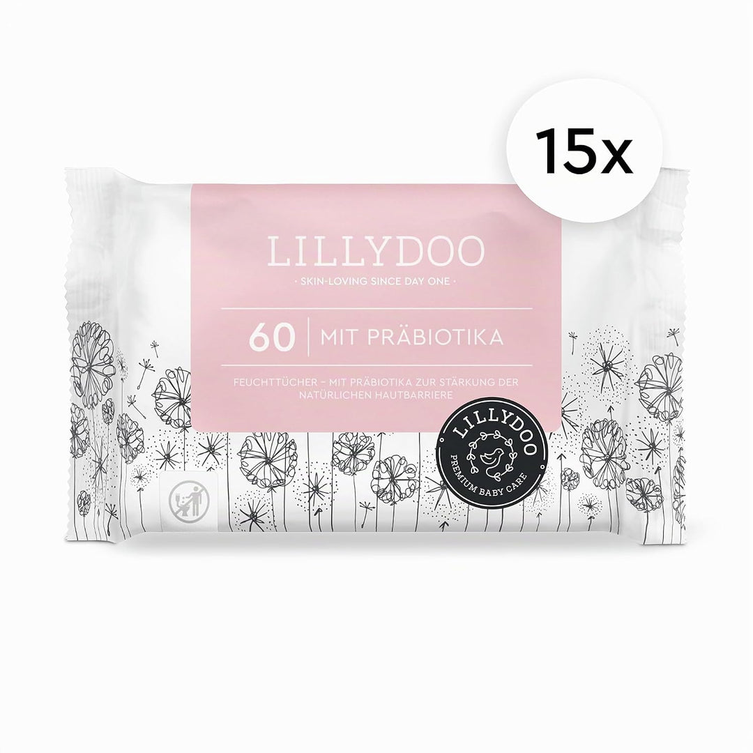 LILLYDOO Feuchttücher mit Präbiotika, 900 Stück (15 x 60),zur Stärkung der natürlichen Hautbarriere,