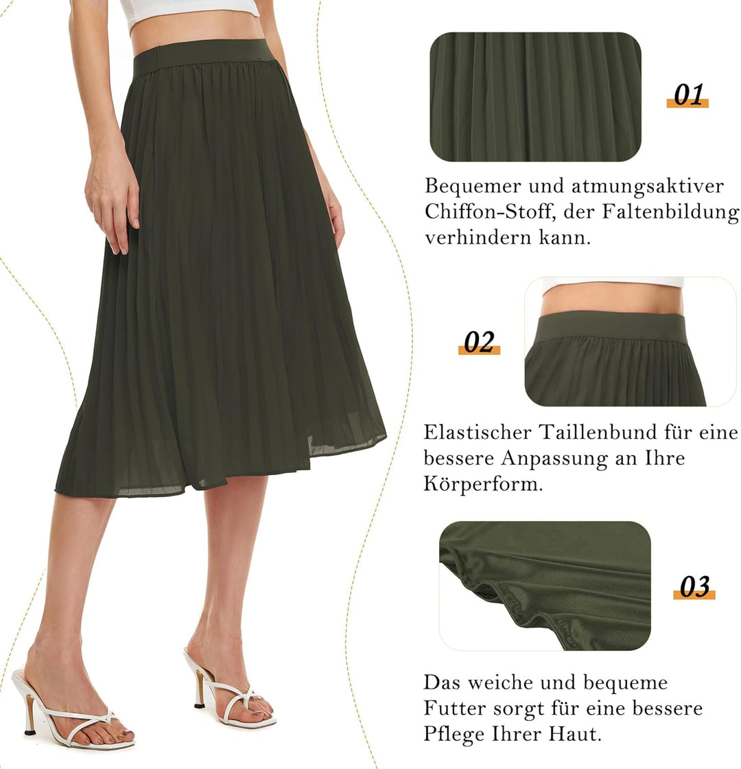 Durio Midirock Damen Faltenrock Plissee Damenrock Sommerrock Leicht Casualrock Chiffon Röcke A-Linie