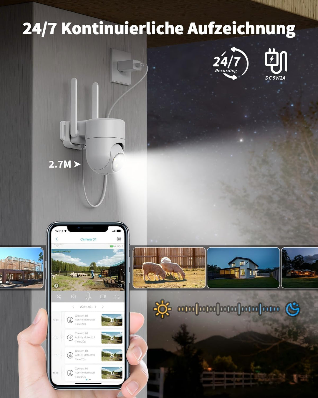 4G LTE Überwachungskamera Aussen mit SIM Karte, 24/7 Aufzeichnung 2K PTZ 360° IP Kamera Ohne WLAN Ou