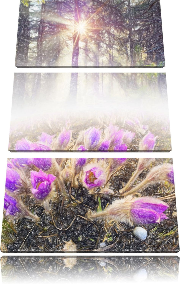 Pixxprint blühende lila Blumen im Wald Kunst Buntstift Effekt 3-Teiler Leinwandbild 120x80 Bild auf