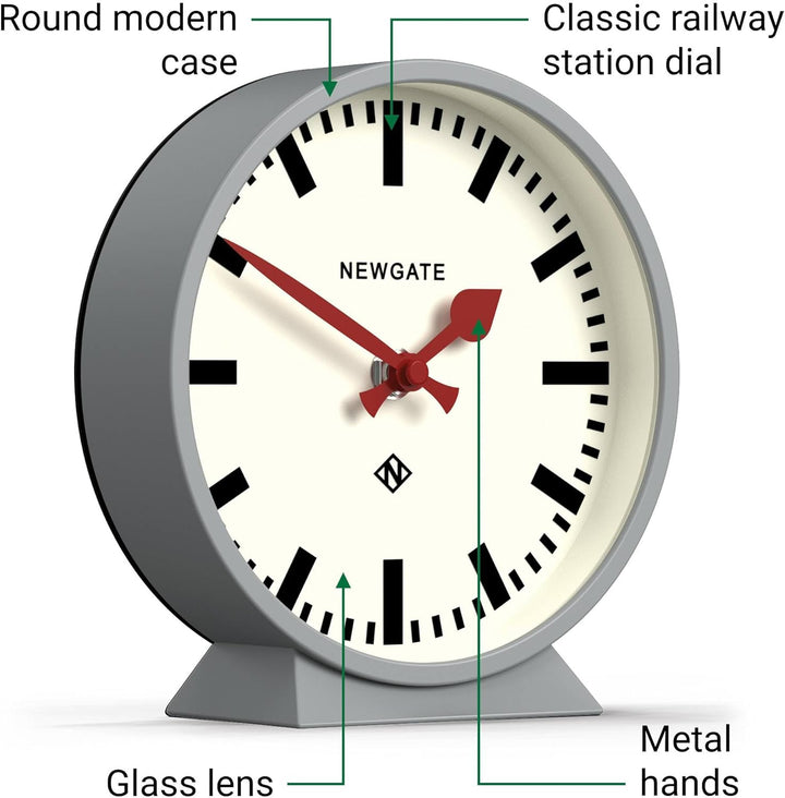 NEWGATE® M Kaminsims Eisenbahn schreibtischuhr | Modernes rundes bahnhofsuhr Design | Grau | Zeitgen
