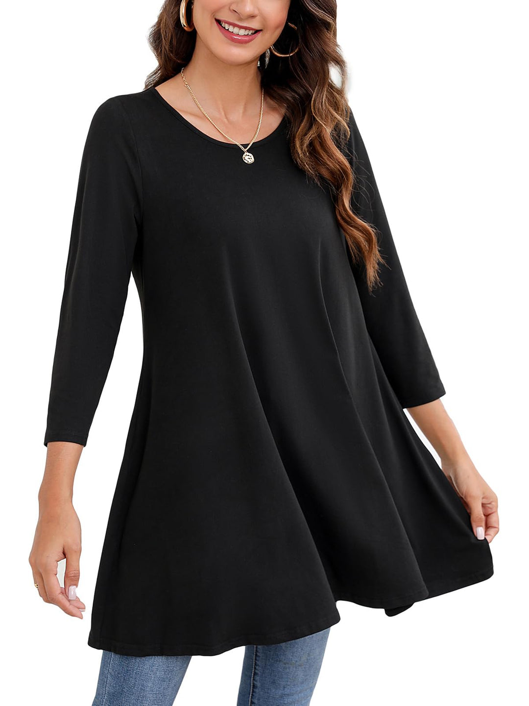 Enmain Damen Tunika Shirt Langarm/Kurzarm Bluse mit Blumen Longshirt Casual Elegante 3/4 Ärmel Rundh