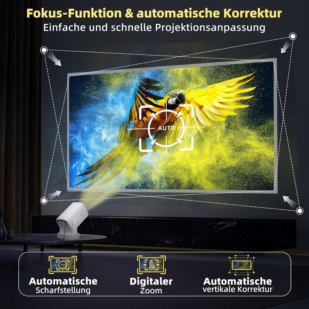 Beamer Full HD 1080P Mini Beamer 4K, Auto Trapezkorrektur, Mini Projector 180°Dreh Videoprojektor Un