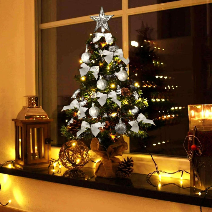 Weihnachtsbaum künstlich (WBD) 60 cm grün mit Weihnachtsdeko Silber und Led Lichterkette mit Batteri