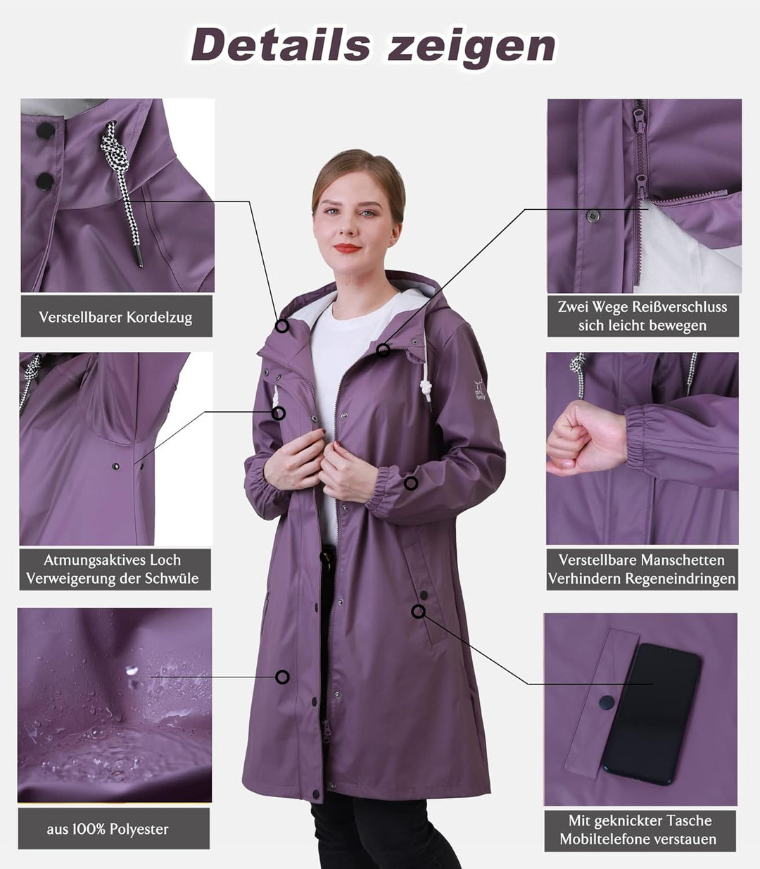 Damen Regenjacke Regenmantel Softshelljacke Friesennerz Parka PU Windbreaker mit Kapuze wasserdicht