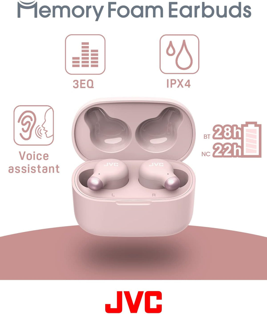 JVC HA-Z250T-P True Wireless Kopfhörer mit aktiver Geräuschunterdrückung, weiche & komfortable Memor