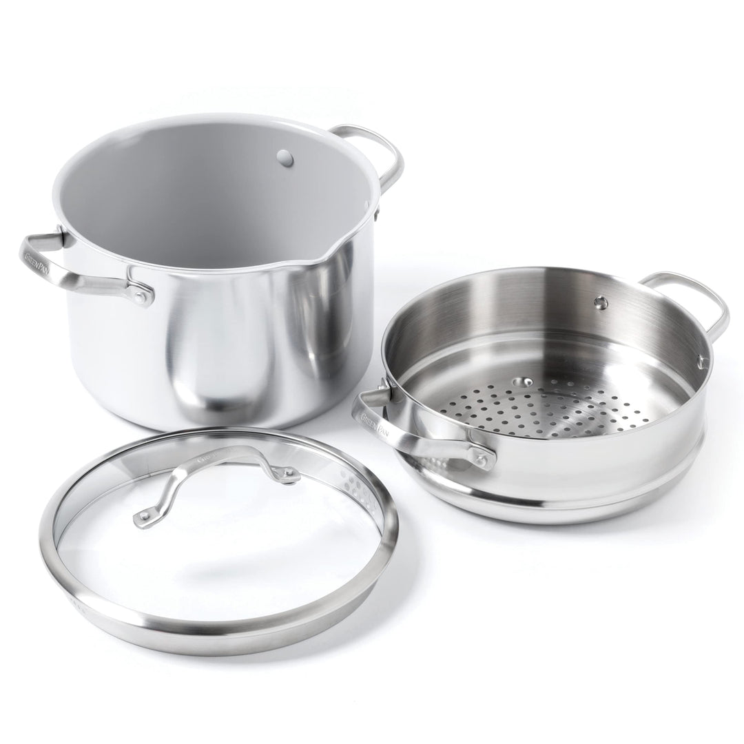GreenPan Venice Pro Tri-Ply Suppentopf (24 cm/7,6 l) mit Siebdeckel und Dampfgarer, gesunde keramisc