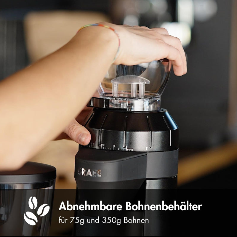 GRAEF Elektrische Kaffeemühle CM8002 – Edelstahl-Kegelmahlwerk, 40 Mahlgradeinstellungen, 2 Bohnenbe