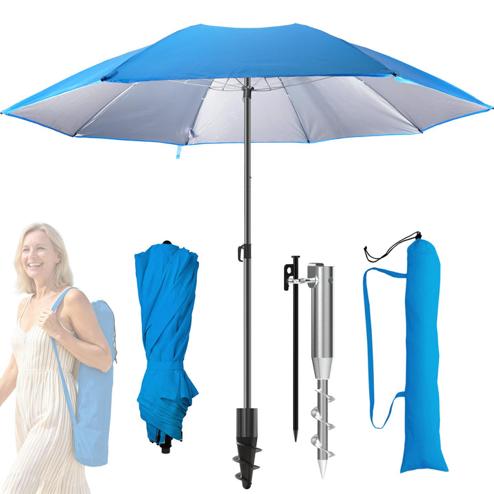 4smile Sonnenschirm Strand Ø 180 cm SET mit Eindrehbodenhülse, Blau | Strandschirm Windfest Stabil m