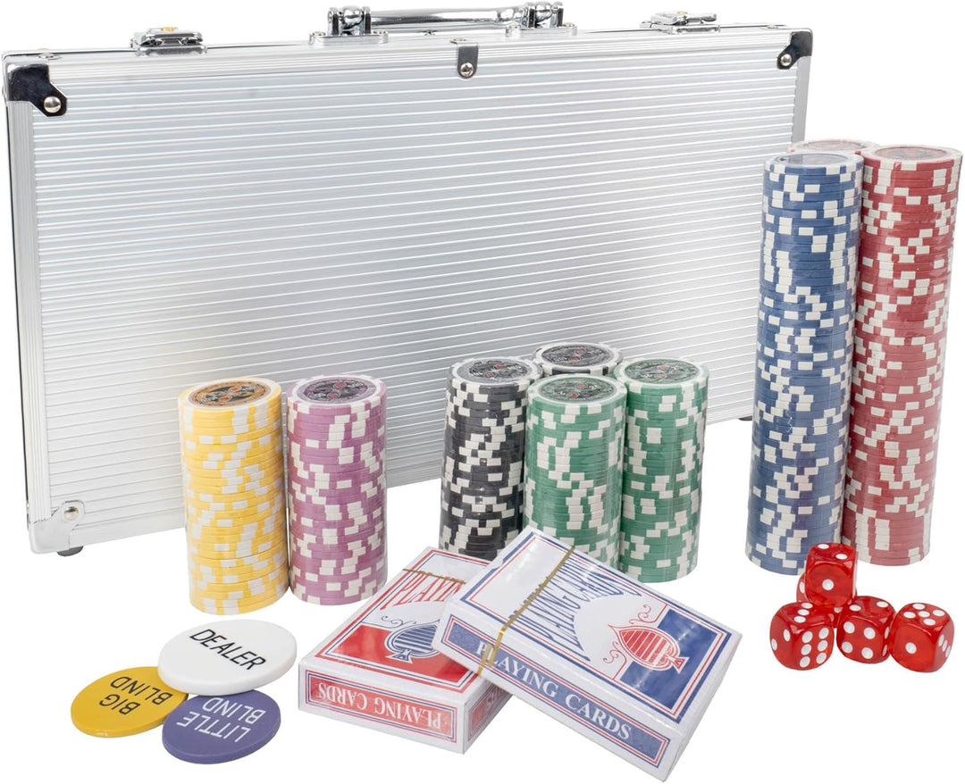 H&F Heimtextilien Pokerkoffer 300 Chips – Premium Poker Set mit 6 Wertstufen, 2 Kartendecks, Würfeln