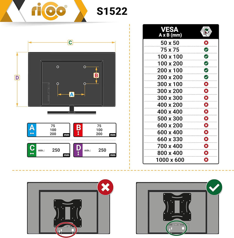 RICOO Monitor TV Wandhalterung Fernseher Schwenkbar Neigbar für 17-47 Zoll, Universal TV Halterung S