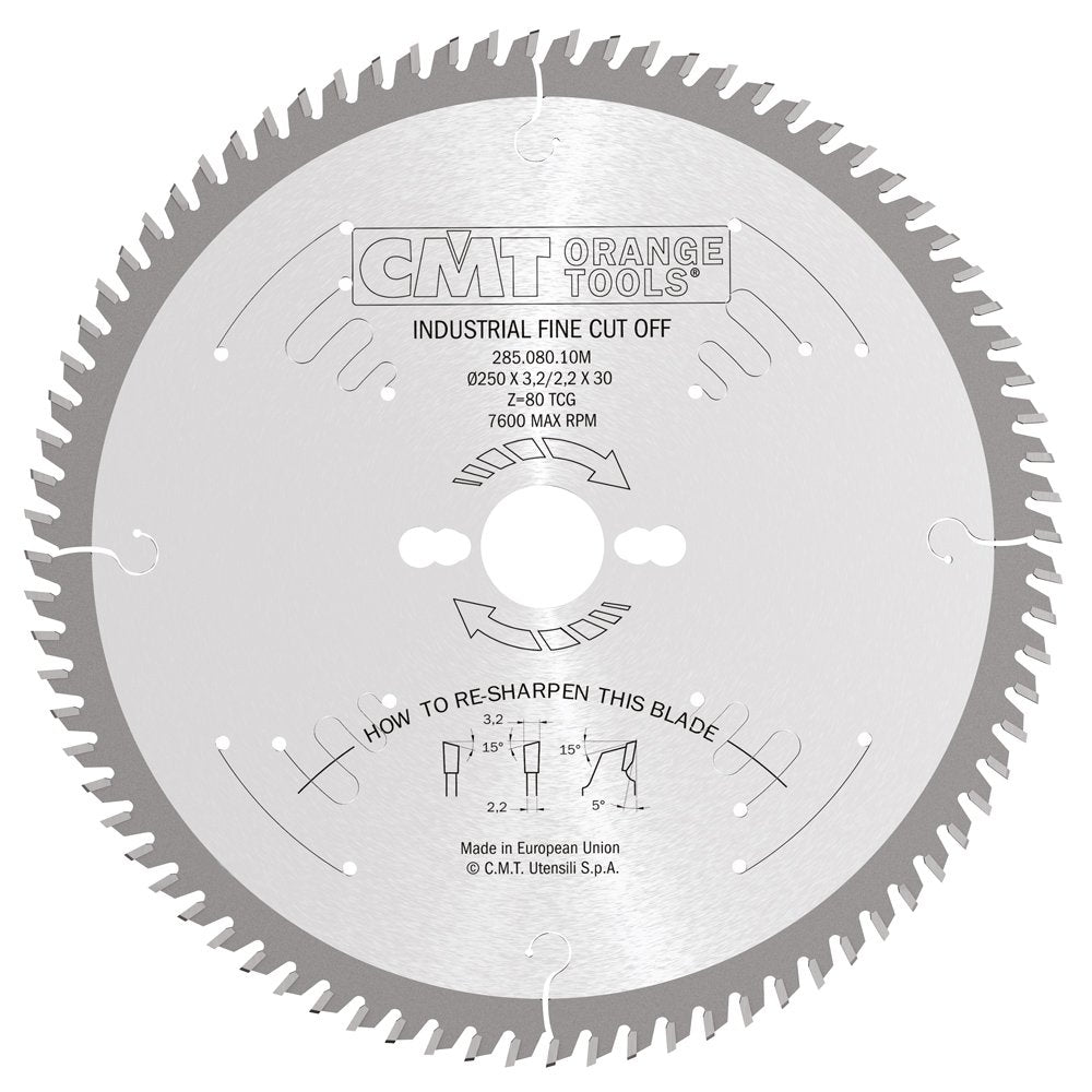 CMT Orange Tools Kreissägeblatt HW 250 x 3,2 / 2,2 x 30 Z=80 15° ATB - 285.080.10M - für Querschnitt