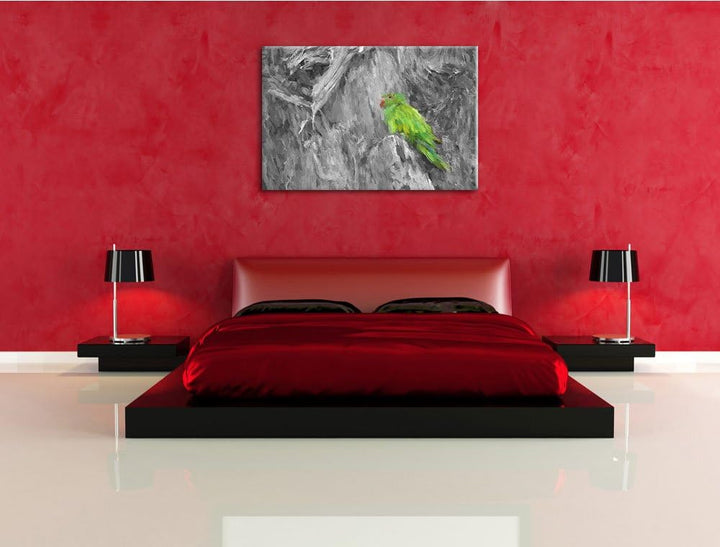 schöner Papagei im Gehölz schwarz/weiss Deluxe Format: 100x70 cm auf Leinwand, XXL riesige Bilder fe