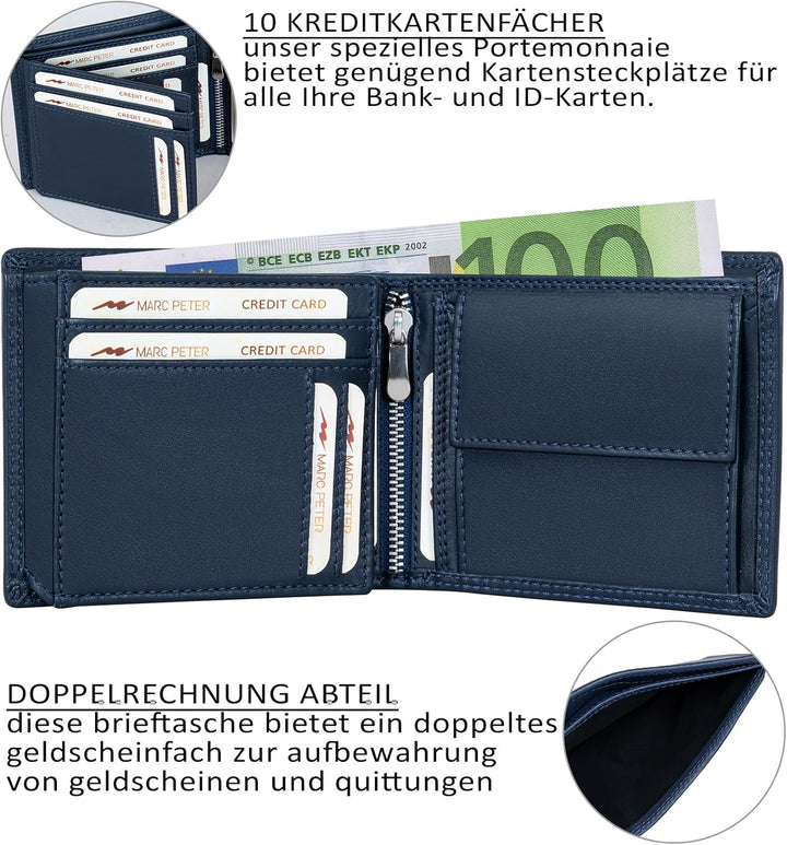 Marc Peter® Echt-Leder Geldbörse Hanover | Geldbeutel für Herren mit RFID-Schutz | Gross 10 Fächer P