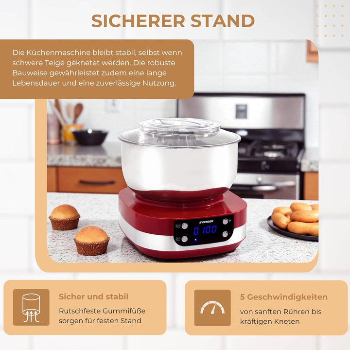 Syntrox Küchenmaschine & Knetmaschine Zaurak 5 Liter, Multifunktionale Aufsätze, Küchenmaschine mit