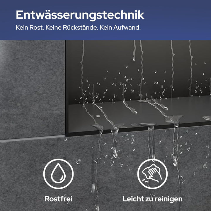 VILSTEIN Wandnische Dusche 30x90 cm - ROSTFREI - Randlose Duschnische - Schwarz - Einbauregal für Du