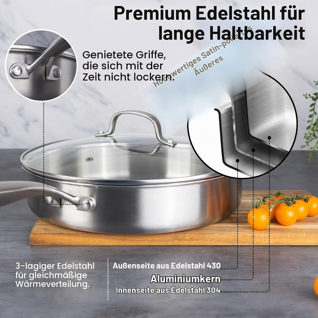 nuovva Edelstahl-Sautépfanne mit Glasdeckel, Induktionsherd, antihaftbeschichtet, 28 cm Bratpfanne S