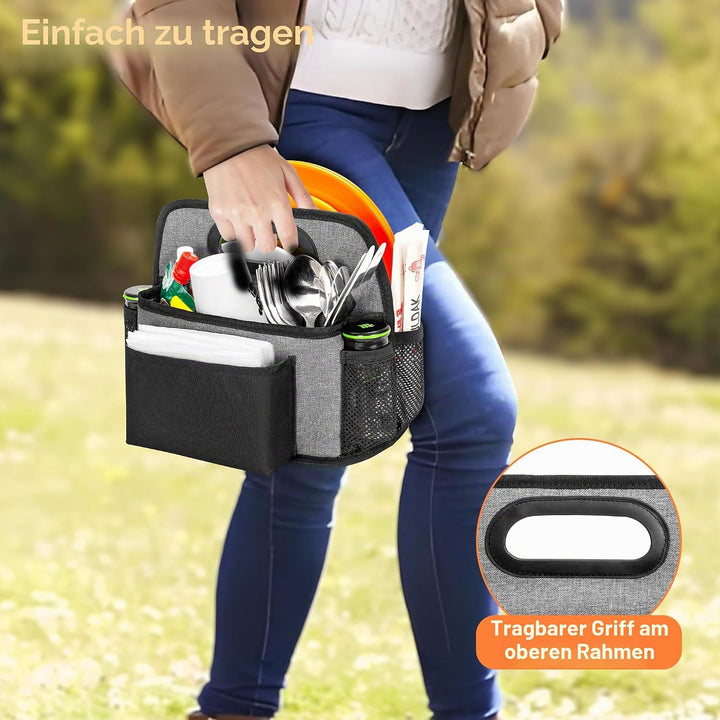 Camping-Utensilientasche, Aufbewahrungstasche für Pappteller mit 4 Fächern für Tassen, Gabeln, Löffe