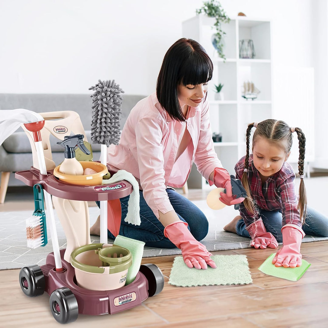 deAO Kinder Putzwagen - Putzset mit Wischmop, Eimer, Besen, Staubsauger, Bürsten, Kehrschaufel, Hand
