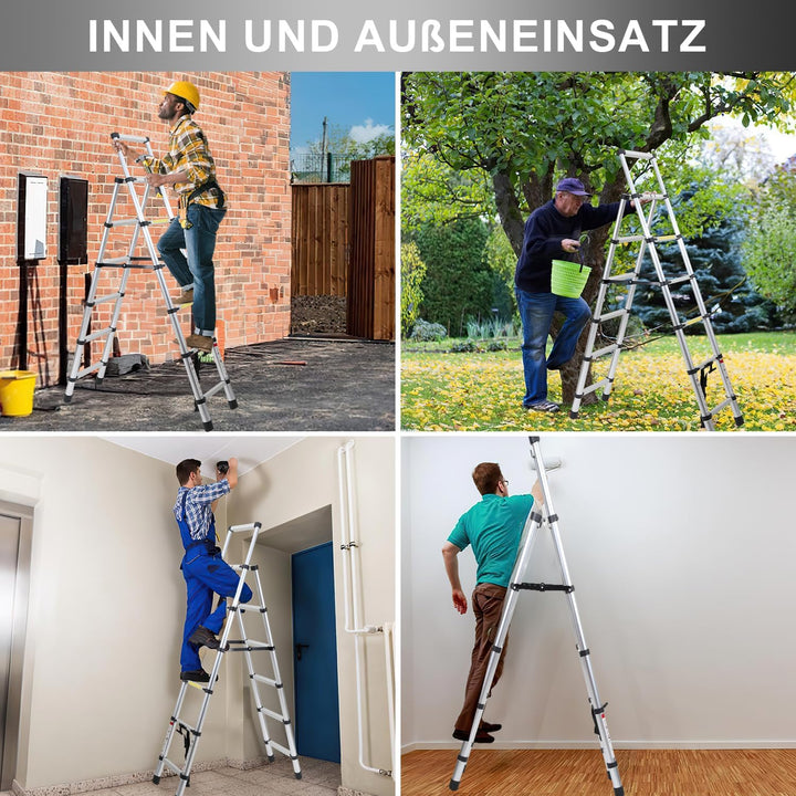 Eulenke Teleskopleiter 1.7m+2.0m Aluminium Trittleiter 5+6 Stufen Tragbare rutschfeste Klappleiter,