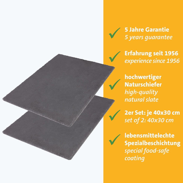 Westmark Naturschiefer-/Servierplatten, 2 Stück, Rechteckig, Mit Kratzschutz, Fläche: je 40 x 30 cm,
