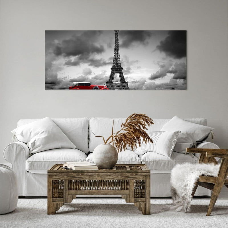 Wandbilder Dekoration Wohnzimmer Auto Eiffle Paris Stadt Panorama Bilder auf Leinwand 120x50cm Leinw