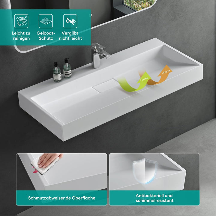 Mai &amp; Mai Aufsatz-Waschbecken Mineralguss Hänge-Waschtisch 100x46x11cm Col19 in Weiss matt mit Armat
