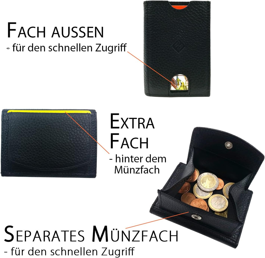 Mini Geldbörse Herren, Reise Portemonnaie, klein viele Fächer, Leder schwarz, RFID Blocker, Münzfach